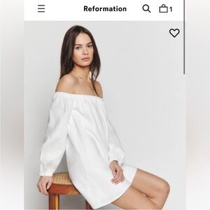 Reformation NWT White Andi 100% Linen Mini Dress Long Sleeve Off Shoulder - L